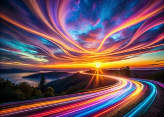 Captivating Long Exposure Conceptual Illustration of Light Trails in a Surreal Landscape, Evoking Emotion and Imagination, Perfect for Artistic Expressions and Digital Artworks