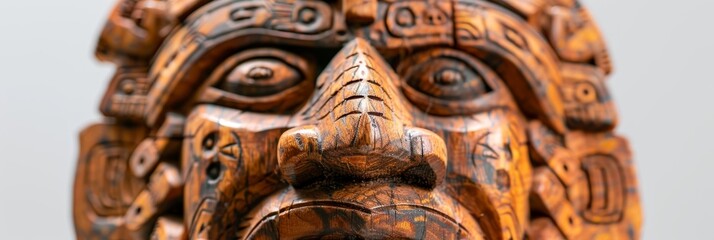 Obraz premium Wooden Mayan Mask Isolated, Carved Mexican Tribe Mask, Wooden Masks of Maya on White