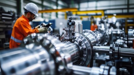 Fototapeta premium Busy industrial worker in orange uniform operates large machine in factory setting with metal pipes and valves.