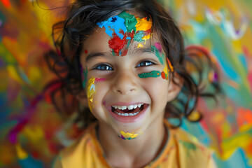 A young girl beams with happiness as colorful paint covers her face and clothes, creating a lively atmosphere of artistic expression and joy. Generative AI