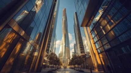 Urban Street Scene with Tall Glass Buildings Reflecting Sunlight, Unique Skyscraper Design, and People Walking in Modern City Setting