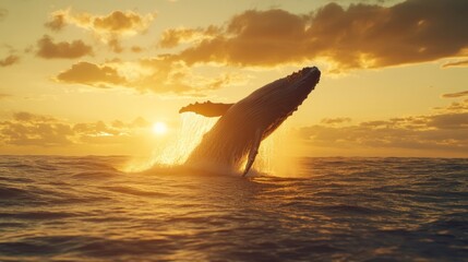 Fototapeta premium Majestic whale breaches the ocean at sunset, creating a stunning splash with golden light illuminating the serene waters.
