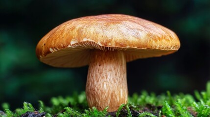 Fototapeta premium A brown mushroom stands out against a dark background.
