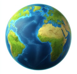 Spherical 3D Earth Rendering in Blue and Green Colors, Top-Down View with Continents, Oceans, and Landmasses Outlined in Shades.