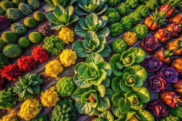 Fototapeta premium An inspiring drone shot reveals a farm field brimming with vibrant green vegetable leaves, highlighting the rich texture and colors of the thriving crops from above.