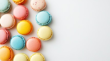 Fototapeta premium Colorful Macarons Neatly Arranged on White Surface