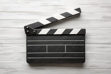 Fototapeta premium An unmarked black and white wooden clapperboard sits isolated against a white background, ideal for film production and photography applications, enhancing your creative visuals.