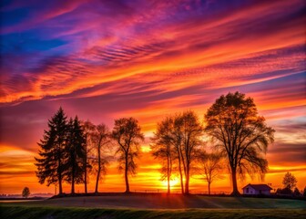 Fototapeta premium Captivating Silhouettes at Five O'Clock: Sunset Views, Long Shadows, and Serene Landscapes in Golden Hour Light