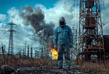 Obraz premium Hazardous Environment. Worker in protective suit stands amid industrial wreckage with fire and smoke in background.