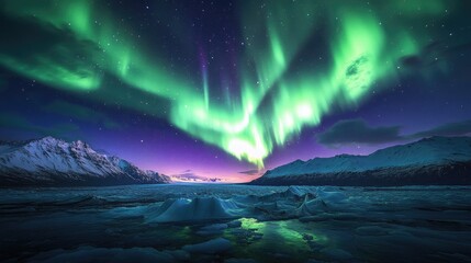 Fototapeta premium Stunning Northern Lights Over Icy Landscape with Snow-Capped Mountains and Starry Night Sky