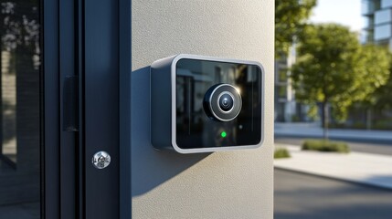 Close-up of rectangular security camera with black and silver design, green light on small screen, city street background.