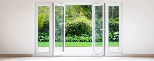 Modern interior featuring folding glass doors that open to a bright sunlit garden and patio area.