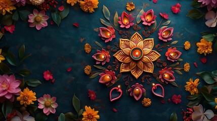 Happy Diwali, burning diya lamps and colorful flowers on a dark background