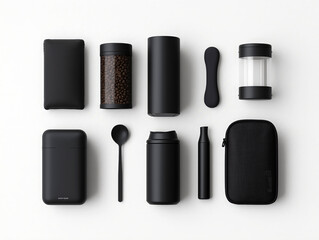 Coffee cup surrounded by coffee beans on white background