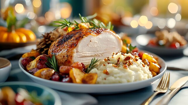 Futuristic Thanksgiving Feast with Triadic Color Scheme A Cozy Table Setting Showcasing a Roasted Turkey Cornucopia and Mashed Potatoes against a Warm Autumnal Backdrop