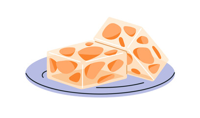 Jelly dessert, gel pieces on plate. Sweet gelatin confections from fruit. Delicious cold treat, fresh jello snack, yummy food. Flat graphic vector illustration isolated on white background