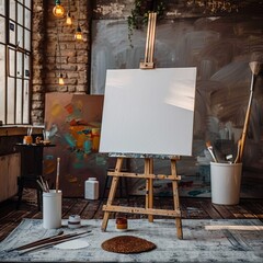 Empty Painting studio, art studio at loft apartment, cozy workplace mockup, clear canvas on easel