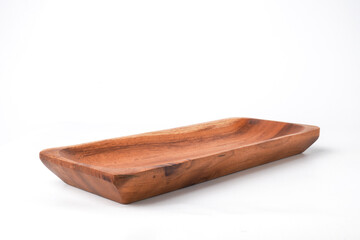 Close-up photo of Wooden sushi plate or tray isolated on white background. Shot on eye-level angle setup.