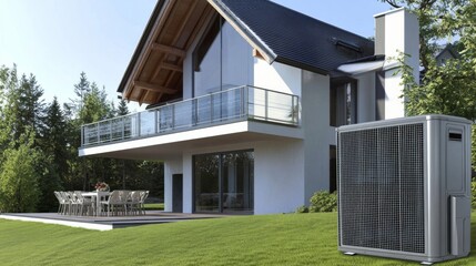 Modern Two-Story House with Large Balcony and Well-Manicured Lawn, Glass Railing, and Air Conditioning Unit in Sky Blue Setting