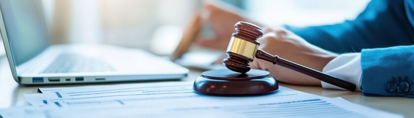 A person using a computer with a gavel and legal documents, symbolizing justice and digital law.