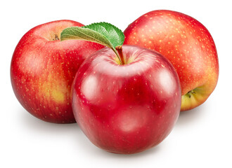 Three perfect red apples with green leaves on white background. File contains clipping path.