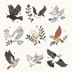 Obraz premium Peace dove icon, pigeons, dove twigs doodle sketched collection. Flying birds silhouettes on white