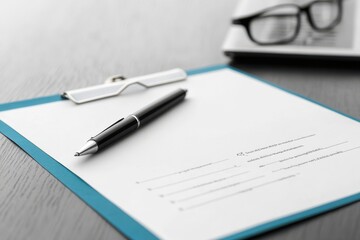 A sleek pen resting on a clipboard with blank paper, perfect for taking notes or signing documents.