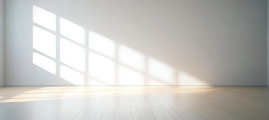 Obraz premium Sunlit Room Minimalist Interior with Window Shadows, Empty Space for Design, Light Wood Floor