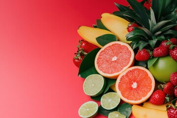 A vibrant arrangement of assorted fruits including grapefruit, limes, strawberries, and pineapple on a red background.