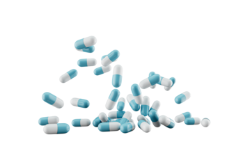 3d Blue And White Pharmaceutical Antibiotic Capsules Falling On White Background, 3d Illustration
