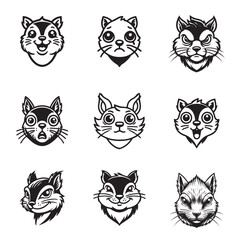Cute Squirrel face Vector illustration Pack - Squirrel Rodent Outline ClipArt Bundle

