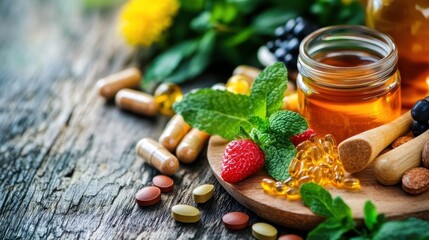 A vibrant arrangement of honey, fruits, and supplements on a wooden surface, showcasing natural health and wellness ingredients.