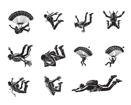 Skydiving Silhouette Design Bundle - Parachuting vector illustration in black and white


