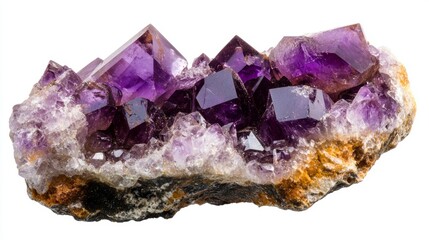 Fototapeta premium A close-up view of a raw amethyst crystal against a white background. The crystal is rough and unpolished, showing its natural beauty.