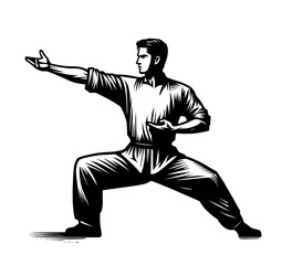 Isolated black and white vector illustration of a young man practicing Tai Chi on a white background.	