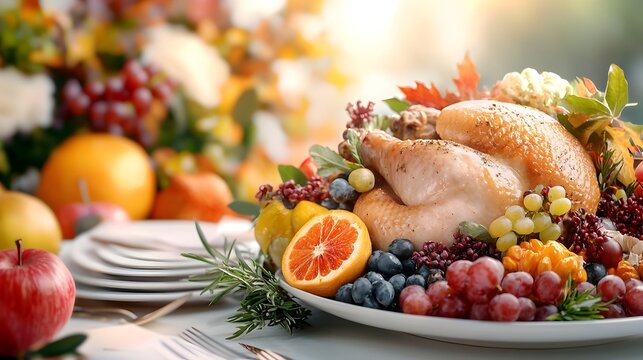 Autumnal Cornucopia and Harvest Feast Centerpiece on Thanksgiving Table  Vibrant fall vegetables and roasted turkey in a digital binary art composition with a split complementary color scheme