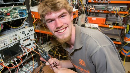 Technician working on a complex electrical system with wires and circuit boards