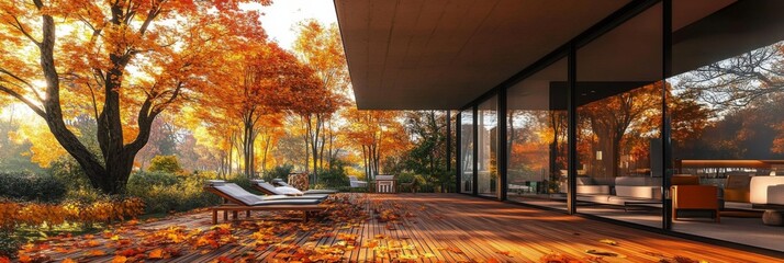 Autumnal Patio Retreat with Fallen Leaves, Trees, and Modern Building View - Peaceful and Serene Outdoor Setting