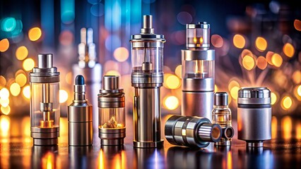 Close-Up of Electronic Cigarette Equipment with Bokeh Effect - Vaporizers, Tanks, Coils, and Accessories in Focus for E-Cigarette Enthusiasts and Vapor Lifestyle