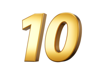 Golden metallic Number 10 Ten, White background 3d illustration
