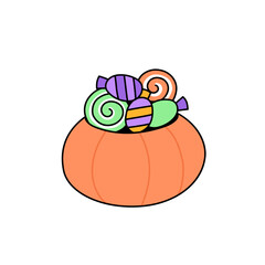 Halloween pumpkin bucket with candies. Pumpkin bag with lollipops, sweets, candy. Trick or treat basket. Vector isolated cartoon illustration