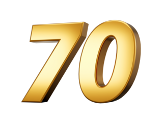 Golden metallic Number 70 Seventy, White background 3d illustration
