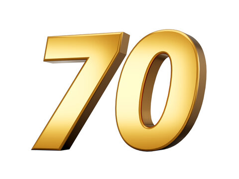 Golden metallic Number 70 Seventy, White background 3d illustration
