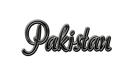 black metal 3d design of Country name Pakistan on white background.