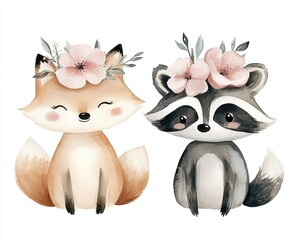 Fototapeta premium Cute fox and raccoon with floral accents illustration, Adorable watercolor illustration of a fox and raccoon with soft floral accents, perfect for nursery decor or children's designs.