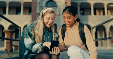 Phone, college and live streaming with friends on campus for social media, gen z app and network. Study, education and school with people at academy for news, connection and online university portal