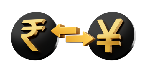 3d Golden Rupee And Yen Symbol On Rounded Black Icons With Money Exchange Arrows, 3d illustration
