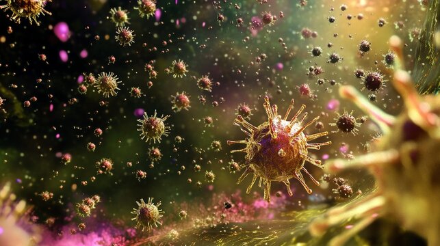 A computer-generated image showing a close-up of tiny Marburg virus particles scattered around.