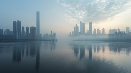 Fototapeta premium Cityscape Silhouettes in Misty Dawn