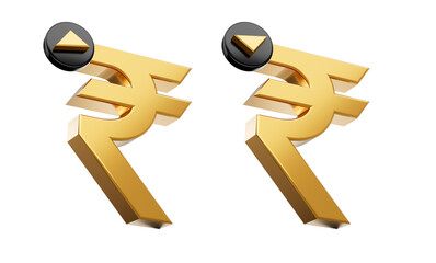 3d Gold Shiny Indian Rupee Symbol, Increase Decrease Icon On White Background, 3d Illustration
